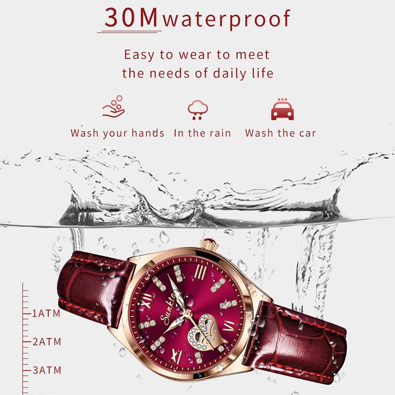 Sunkta, rose gold wine luxury quartz women watch, waterproof, leather