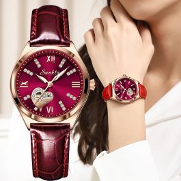 SUNKTA, Rose Gold Wine Luxury Quartz Women Watch, Waterproof, Leather