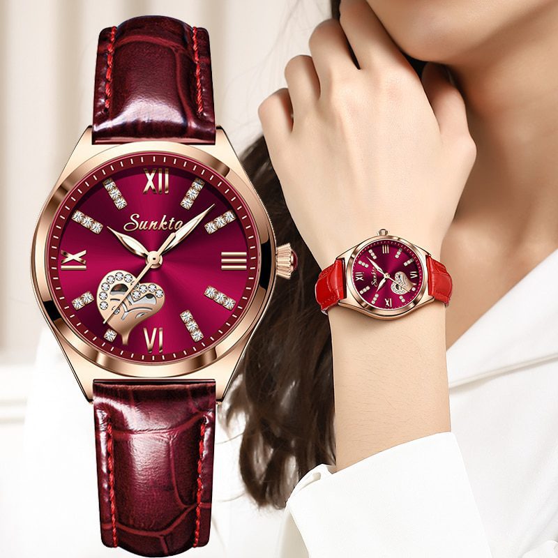 Sunkta, rose gold wine luxury quartz women watch, waterproof, leather