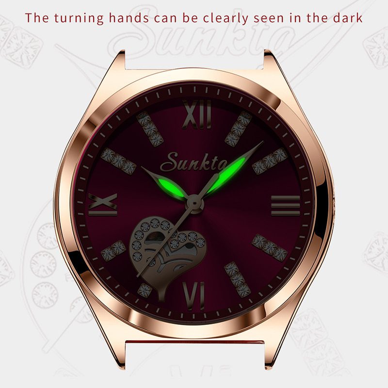 Sunkta, rose gold wine luxury quartz women watch, waterproof, leather