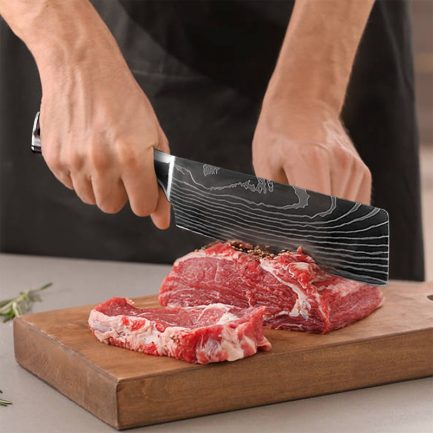 Japanese kitchen knife set, laser damascus pattern, stainless steel, sharp cleaver slicing