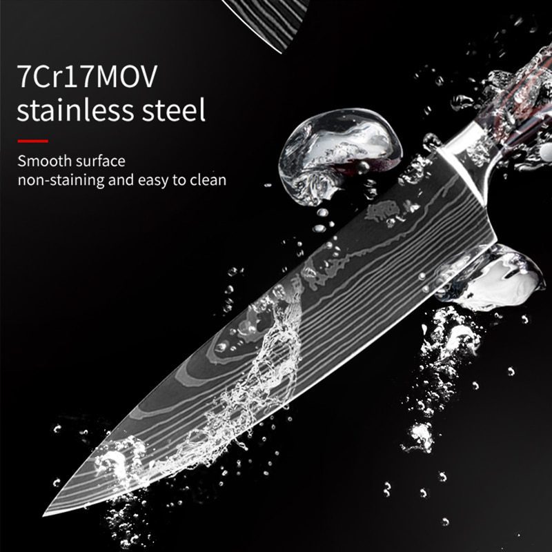 Japanese kitchen knife set, laser damascus pattern, stainless steel, sharp cleaver slicing