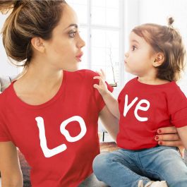 Love family matching clothes, red Cotton Mother And Daughter, Clothe print T-shirt