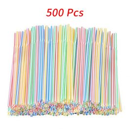 500Pcs Disposable Plastic Drinking Straws, Multi-Color Striped Elbow Beverage