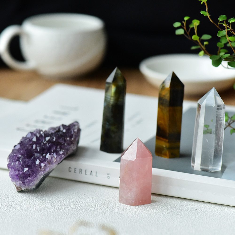 1set natural rose quartz, hexagonal column, amethyst cluster, healing wand mineral crystal stone