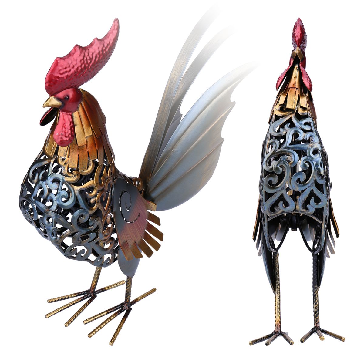 Metal figurine rooster, sculpture carved, iron rooster