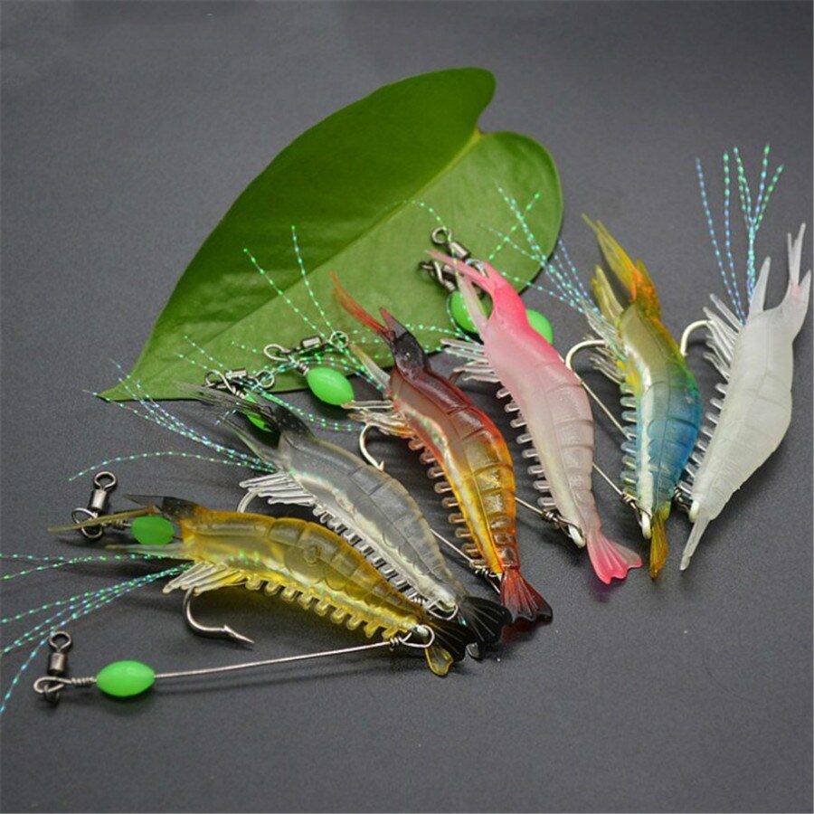 7pcs, 8cm, 5g, luminous shrimp, soft silicone bait with swivels hook
