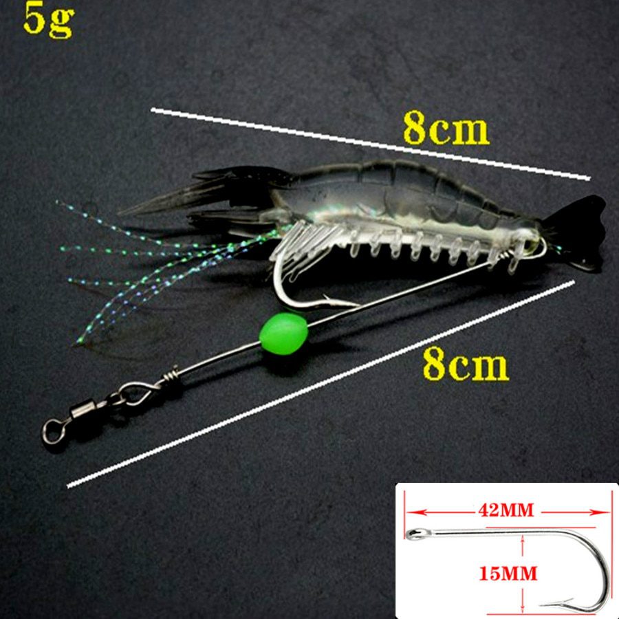 7pcs, 8cm, 5g, luminous shrimp, soft silicone bait with swivels hook