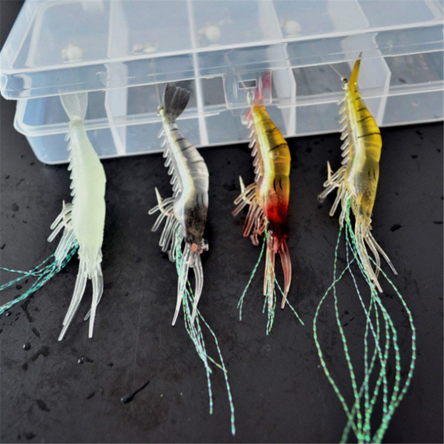 7pcs, 8cm, 5g, luminous shrimp, soft silicone bait with swivels hook