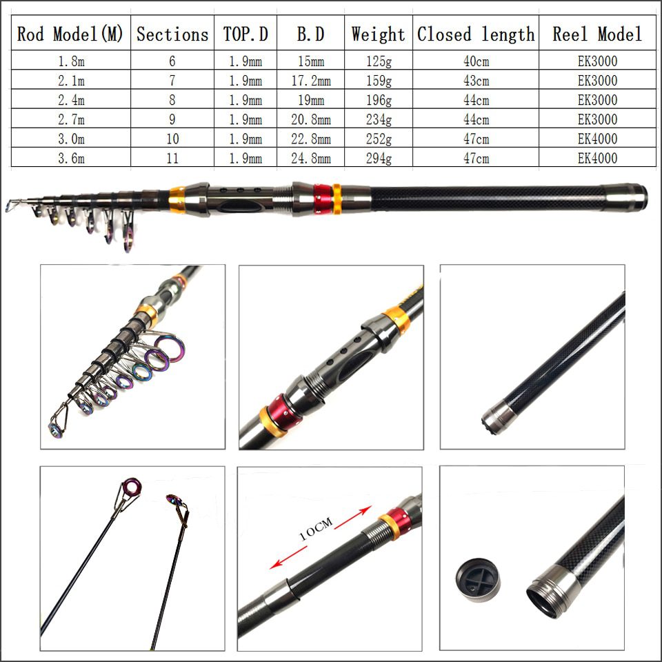 1.8-3.6m carbon telescopic fishing rod, combo spinning reel fishing set, short travel stick, full kit