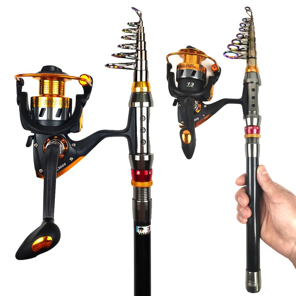 1.8-3.6m carbon telescopic fishing rod, combo spinning reel fishing set, short travel stick, full kit