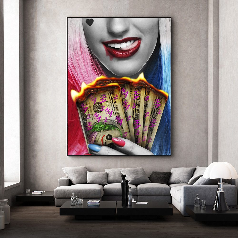 Smile red lips, smoking, beauty woman, burning money, canvas painting wall art