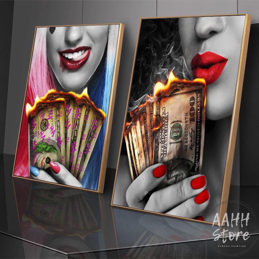 Smile red lips, smoking, beauty woman, burning money, canvas painting wall art