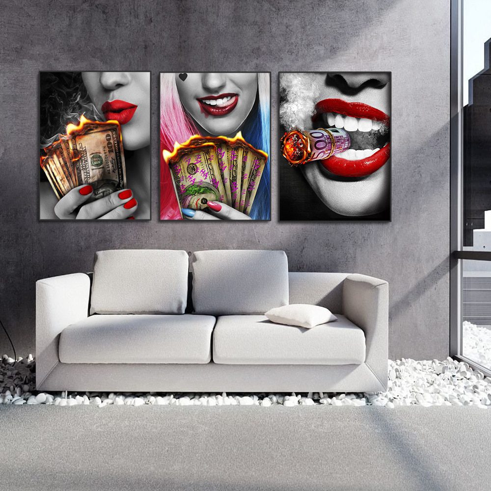 Smile red lips, smoking, beauty woman, burning money, canvas painting wall art