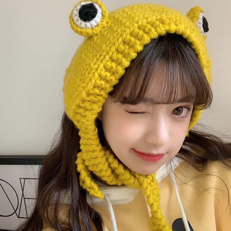 Cute women frog hat, knitted costume beanie, cap party