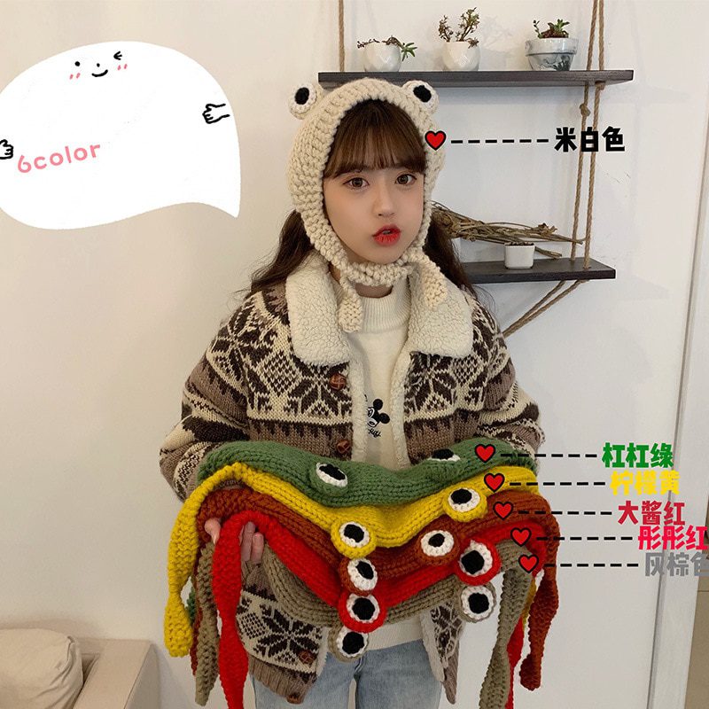 Cute women frog hat, knitted costume beanie, cap party