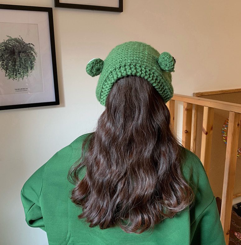 Cute women frog hat, knitted costume beanie, cap party
