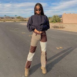 Autumn Brown, Women Cowboy Striped, Patchwork Jeans Street Casual
