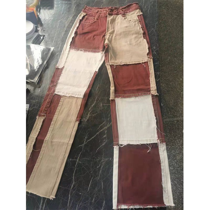 Autumn brown, women cowboy striped, patchwork jeans street casual