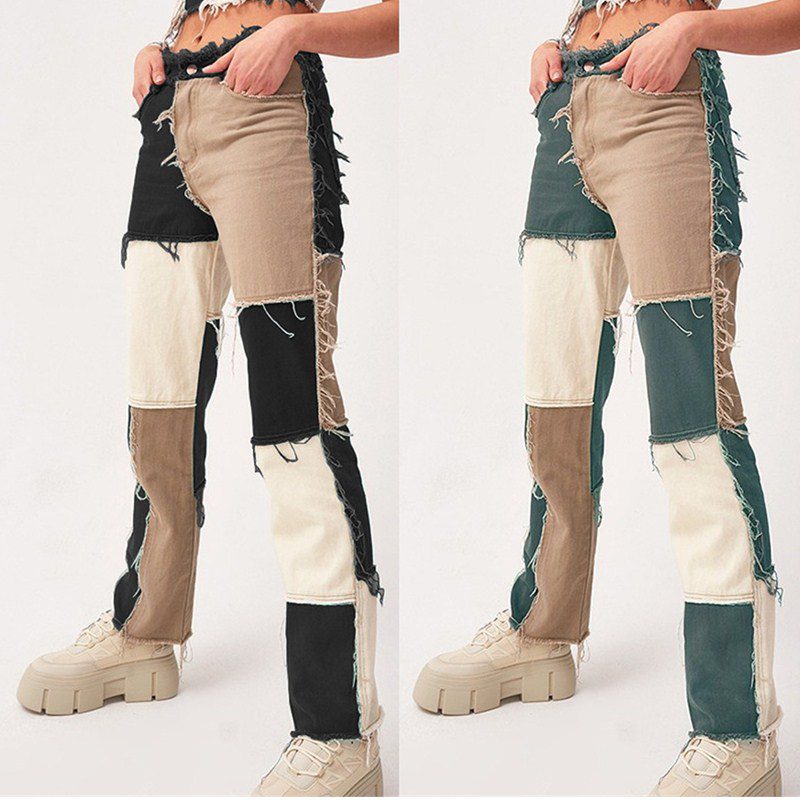 Autumn brown, women cowboy striped, patchwork jeans street casual
