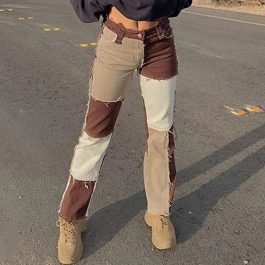 Autumn Brown, Women Cowboy Striped, Patchwork Jeans Street Casual