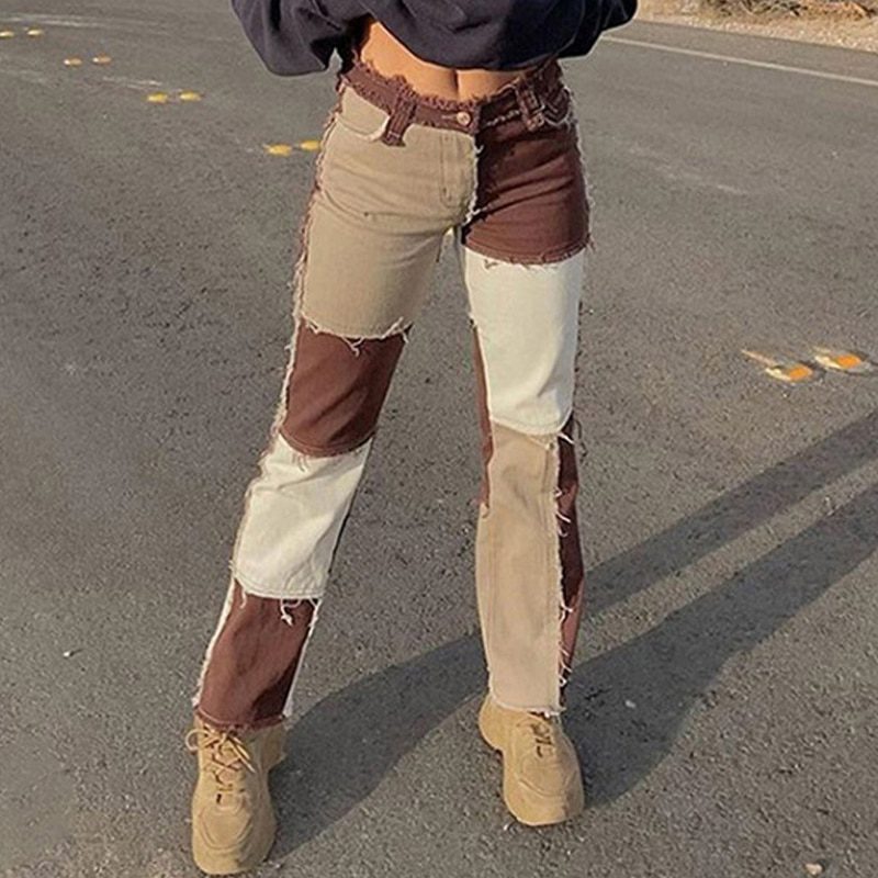 Autumn brown, women cowboy striped, patchwork jeans street casual