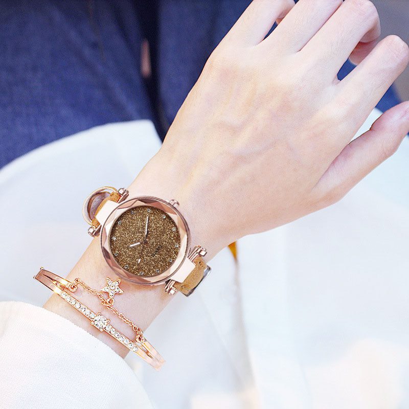 Casual, romantic starry sky wrist watch, bracelet leather rhinestone