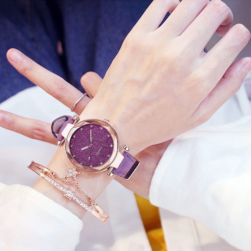Casual, romantic starry sky wrist watch, bracelet leather rhinestone