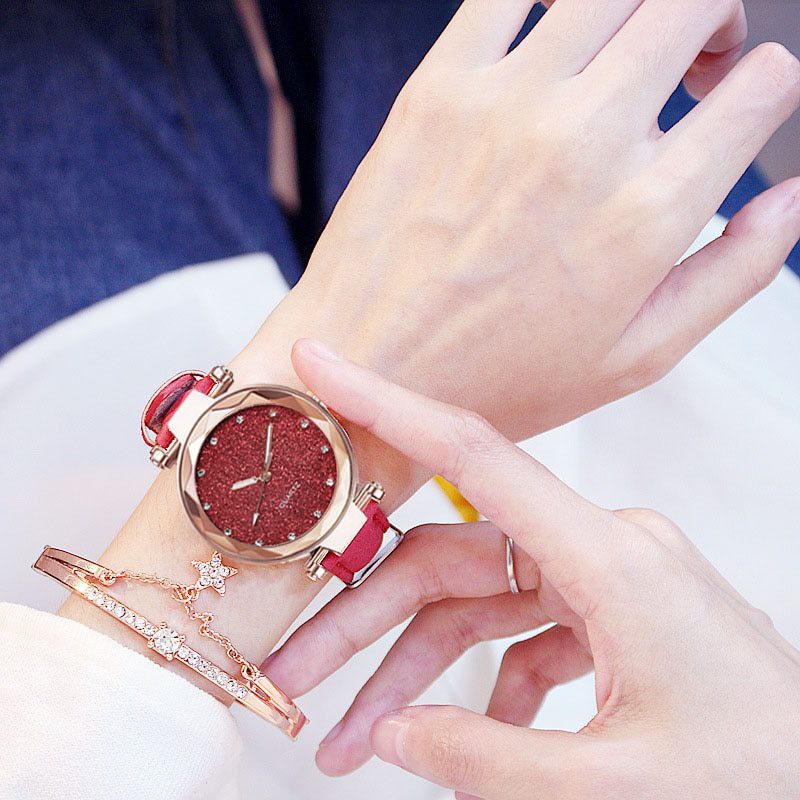 Casual, romantic starry sky wrist watch, bracelet leather rhinestone