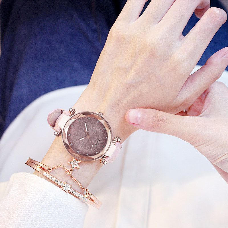 Casual, romantic starry sky wrist watch, bracelet leather rhinestone