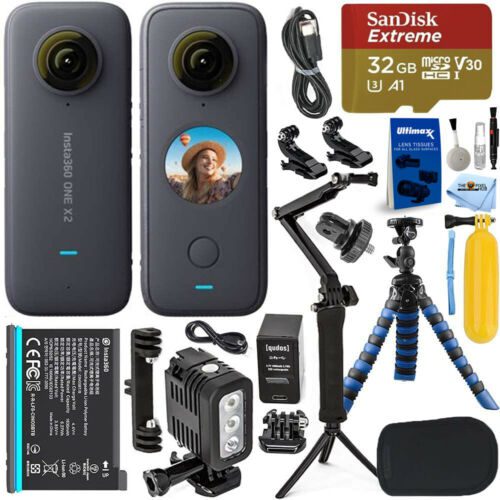 Insta360 one x2 pocket camera cinosxx/a + 32gb + 3-way tripod + led light bundle