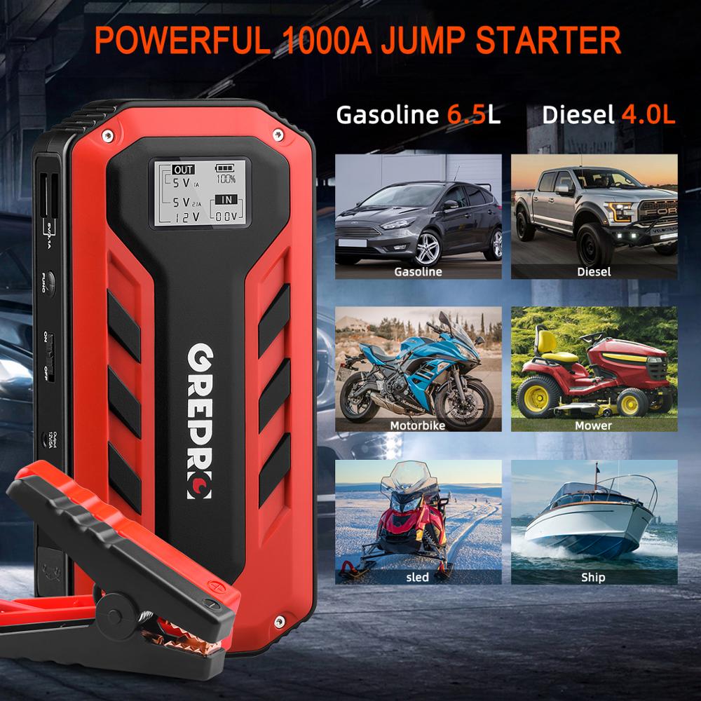 Grepro portable car jump starter. 2000a peak, 18000mah, 12v, auto battery booster, lcd display