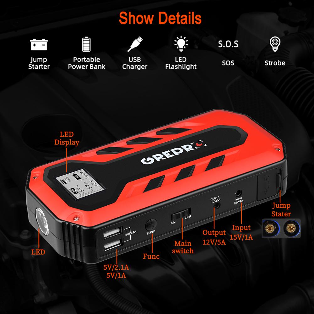 Grepro portable car jump starter. 2000a peak, 18000mah, 12v, auto battery booster, lcd display