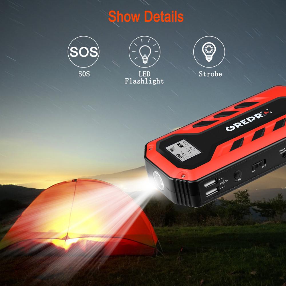 Grepro portable car jump starter. 2000a peak, 18000mah, 12v, auto battery booster, lcd display