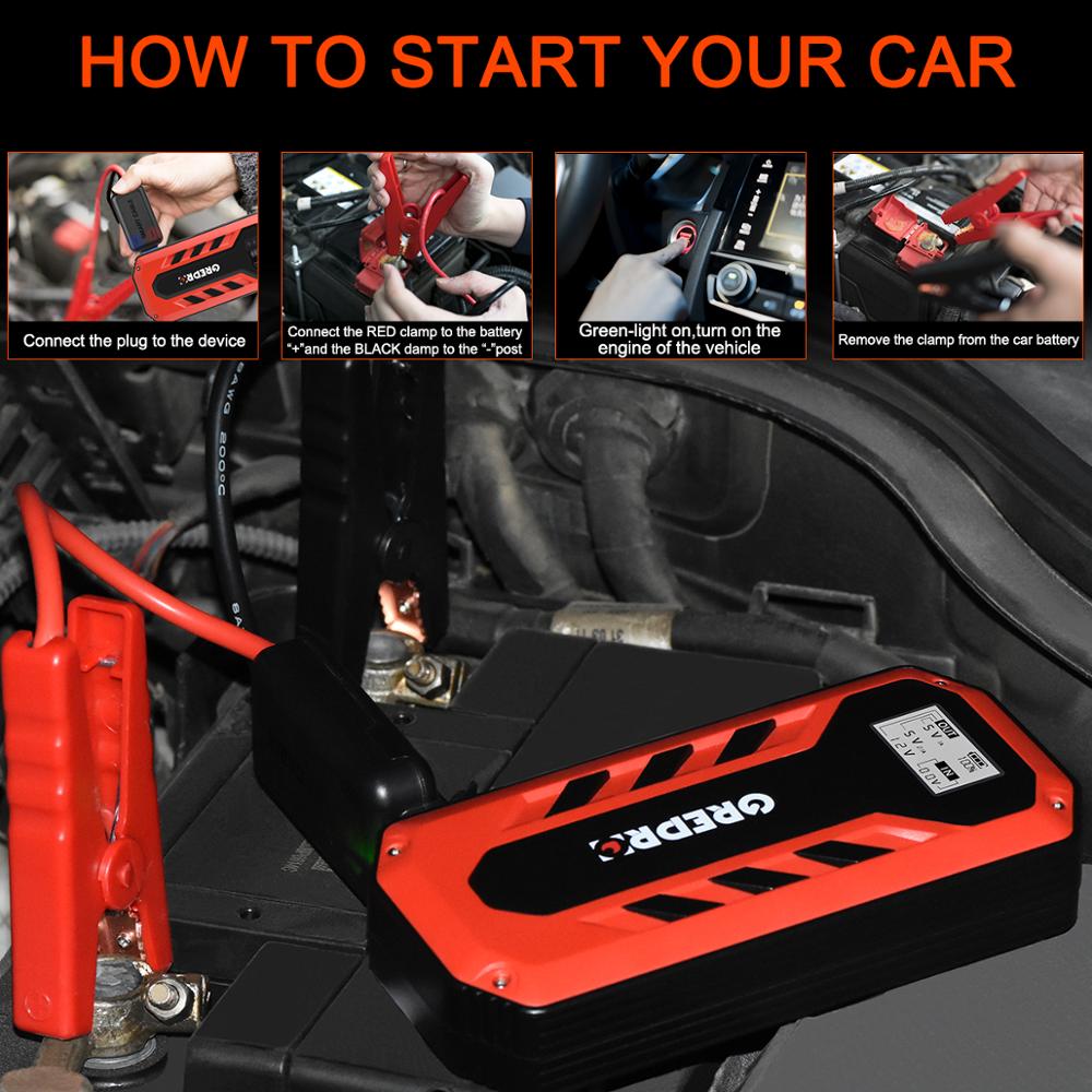 Grepro portable car jump starter. 2000a peak, 18000mah, 12v, auto battery booster, lcd display