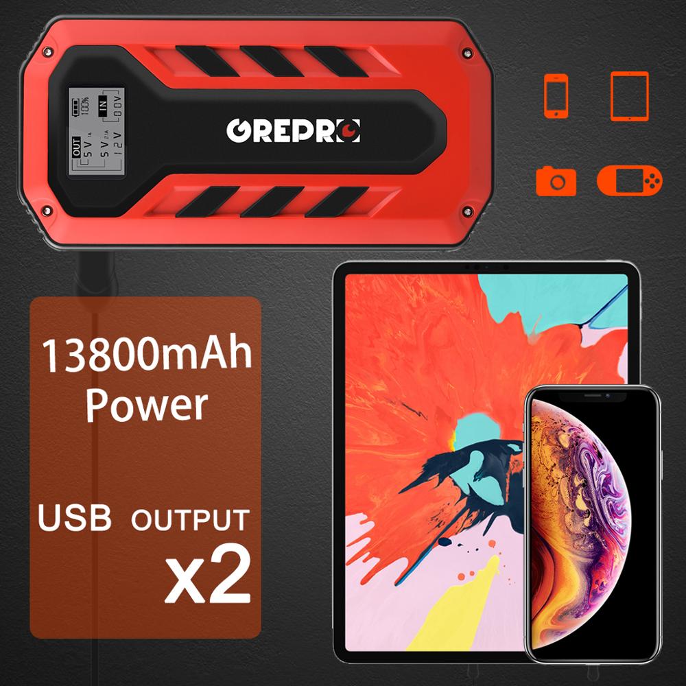 Grepro portable car jump starter. 2000a peak, 18000mah, 12v, auto battery booster, lcd display
