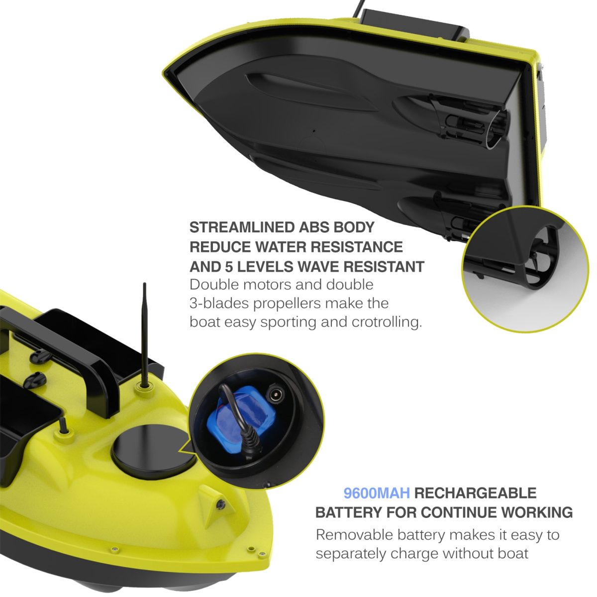 Gps fishing boat with 3 bait containers, 400-500m remote range