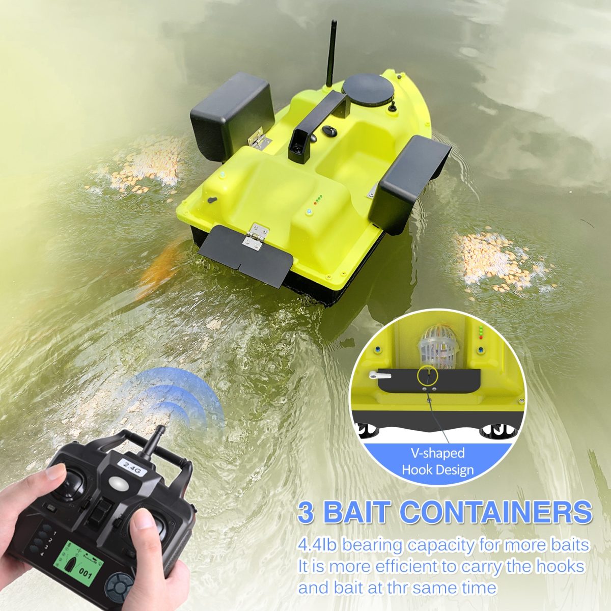 Gps fishing boat with 3 bait containers, 400-500m remote range