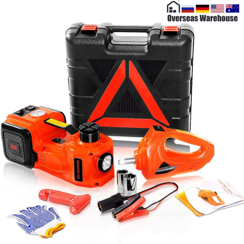 Electric hydraulic car jack kit, 5ton, impact wrench, tire inflator and built-in led repair lift tool