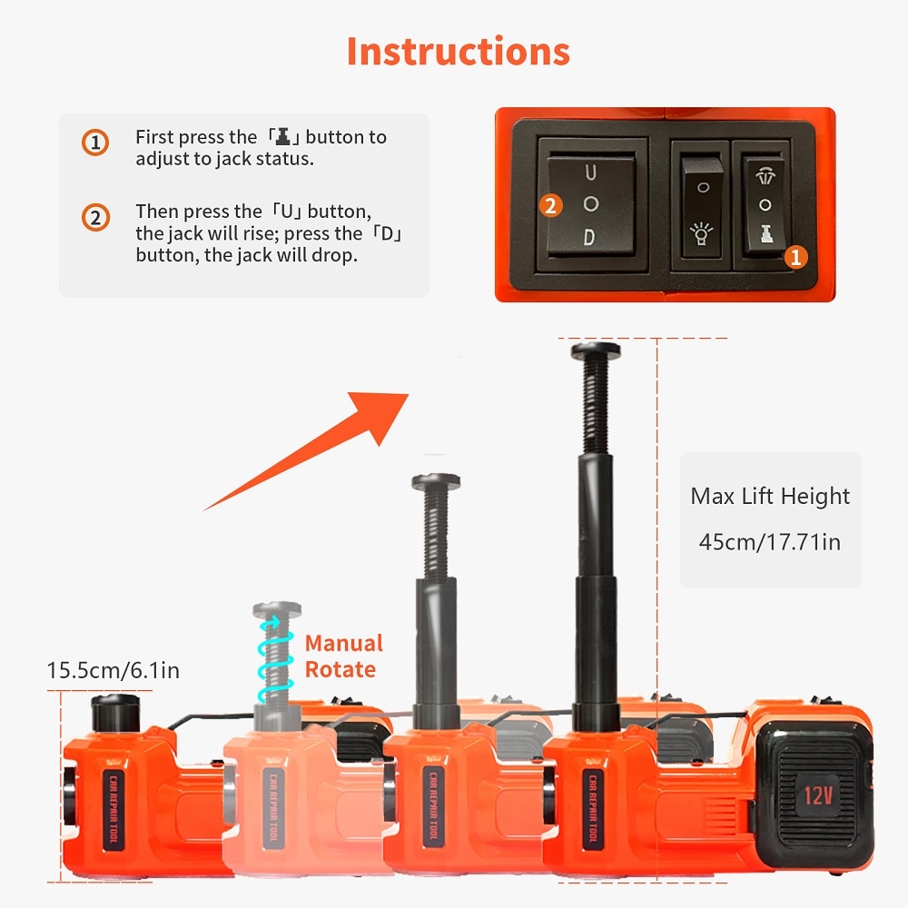 Electric hydraulic car jack kit, 5ton, impact wrench, tire inflator and built-in led repair lift tool