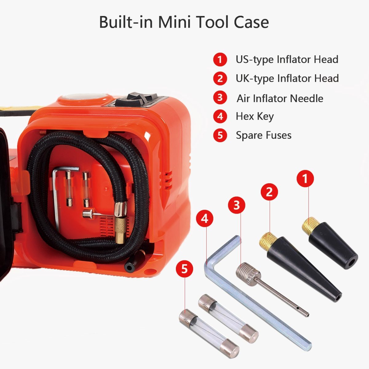 Electric hydraulic car jack kit, 5ton, impact wrench, tire inflator and built-in led repair lift tool