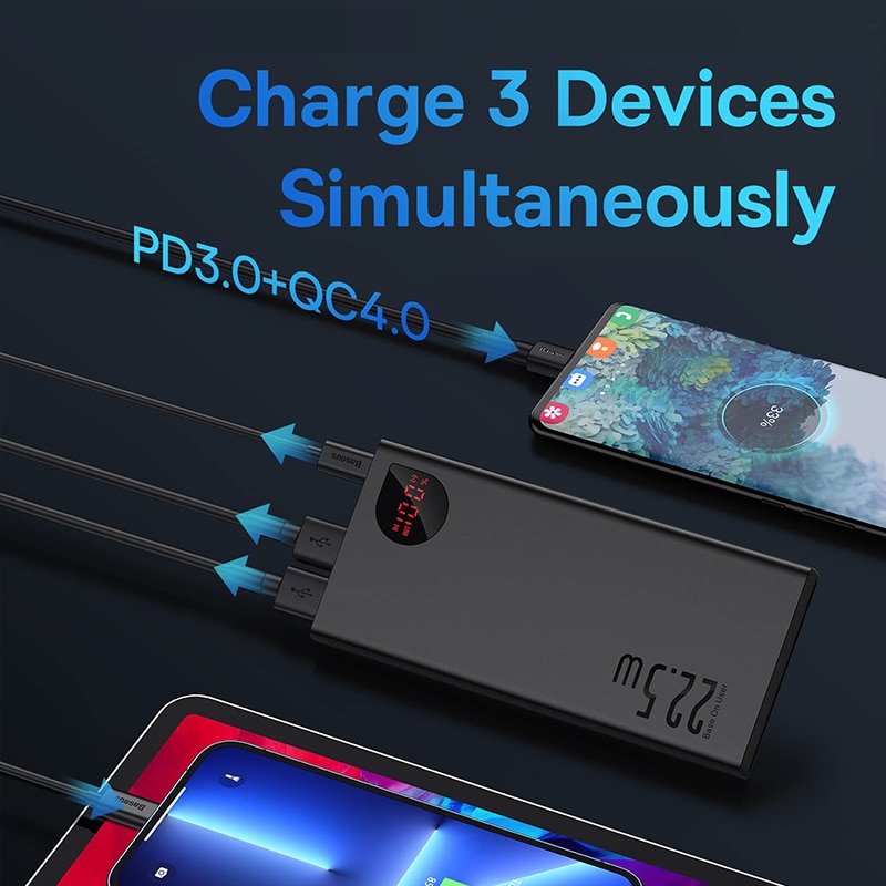 Baseus power bank 10000mah with 22.5w pd, fast charging, for iphone 14 13 12 pro max xiaomi