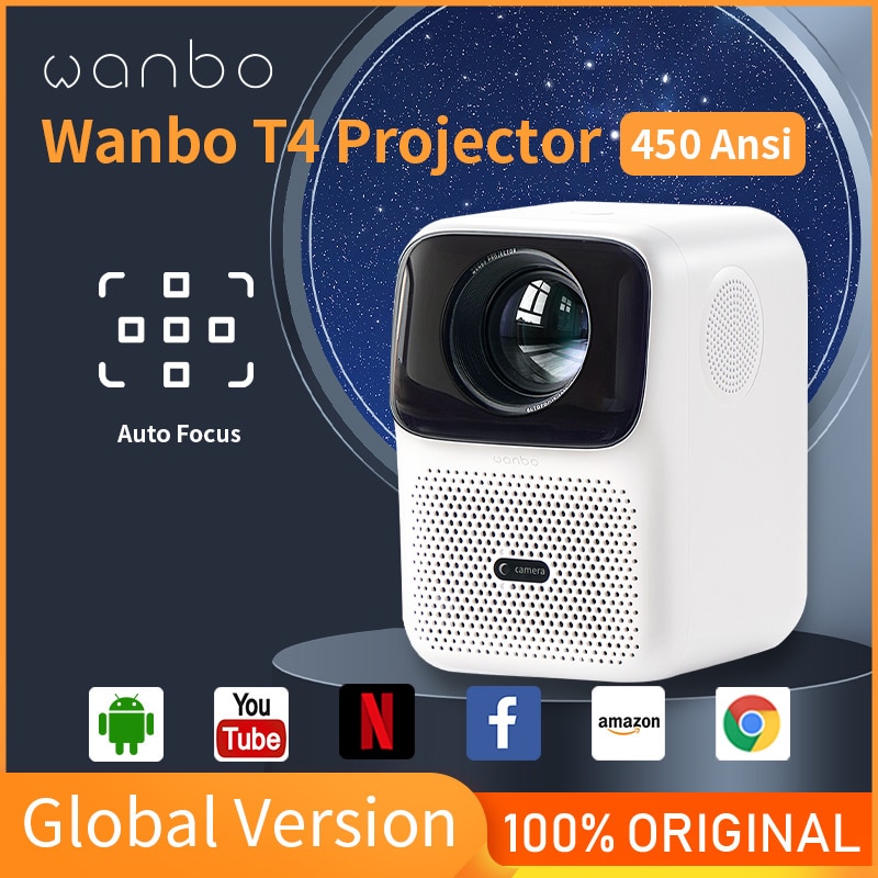 Wanbo t4 projector android 9.0, full hd 4k projector, 1920*1080p 450 , auto focus home and outdoor movie