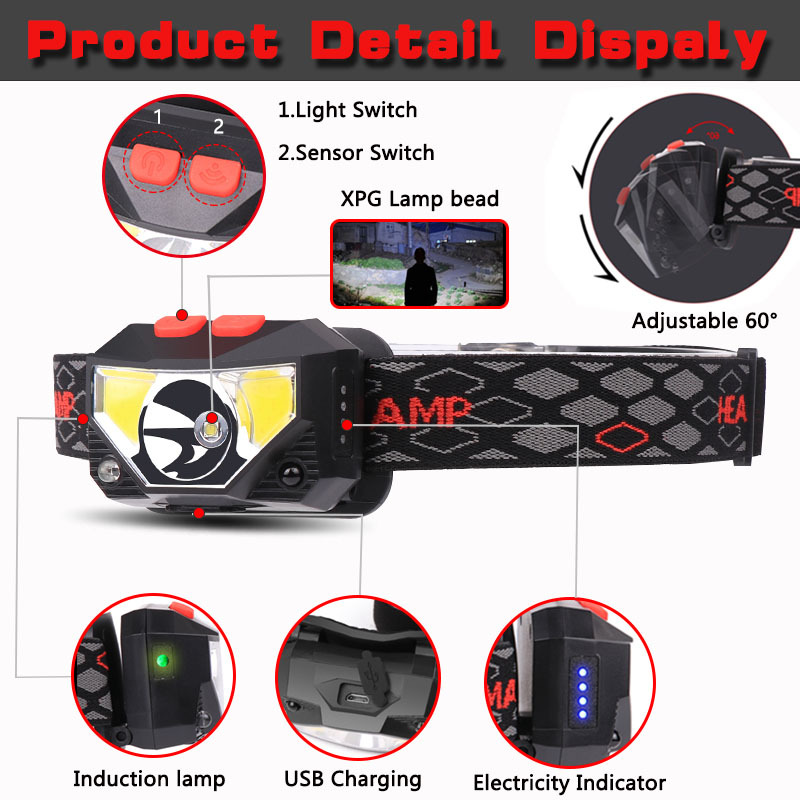 8 modes handfress motion sensor powerful led headlight. for camping, fishing and more