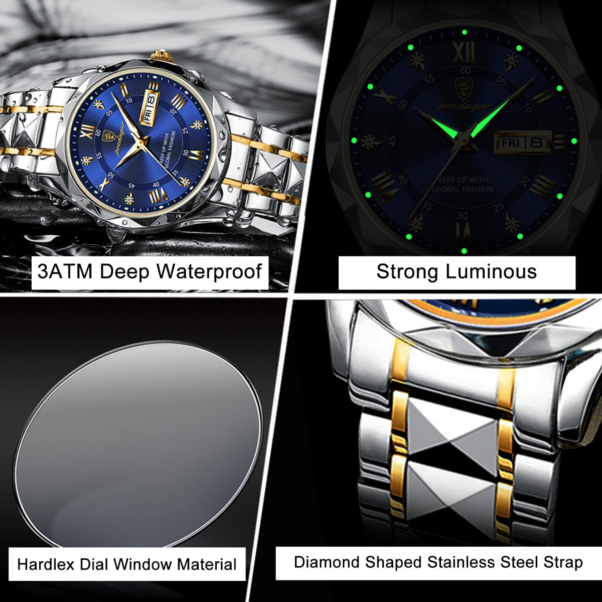 Poedagar luxury top brand business men watches, waterproof luminous quartz + box