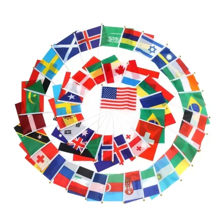 Complete set of national flags, 200 country, 14*21 cm polyester material with plastic poles.