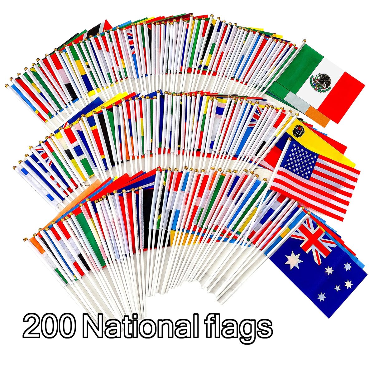 Complete set of national flags, 200 country, 14*21 cm polyester material with plastic poles.