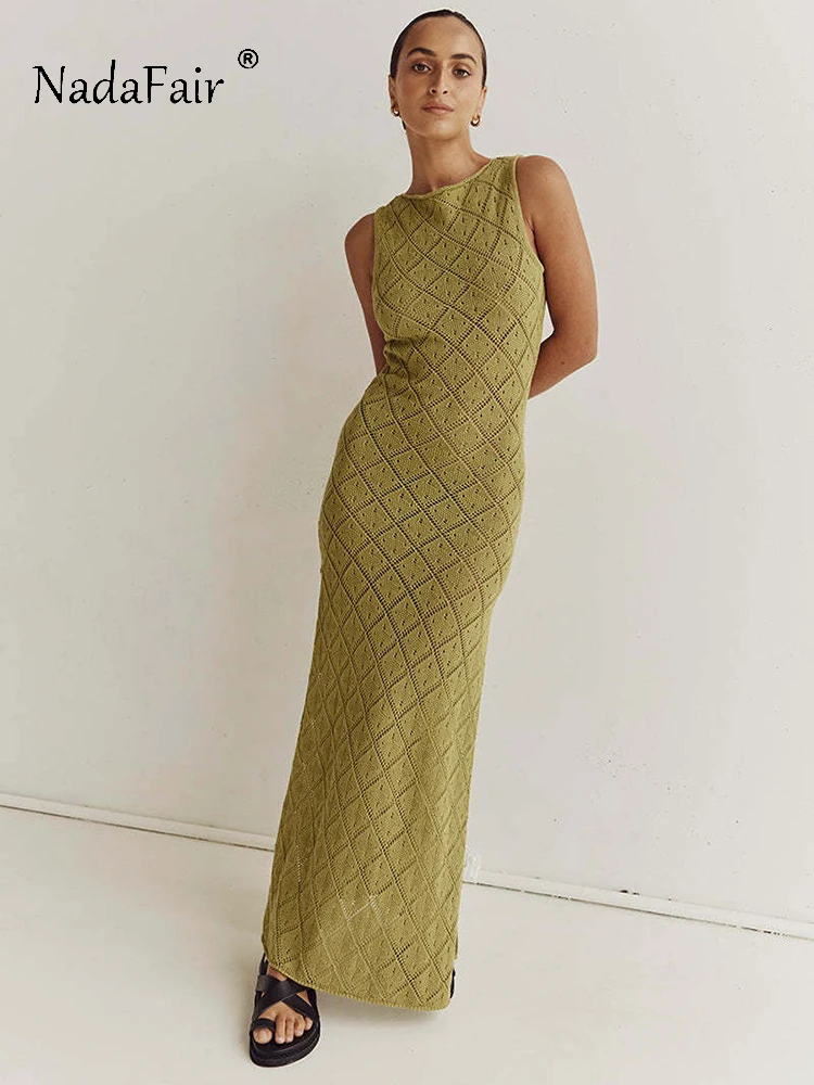 Nadafair women hollow out crochet knitted dress, beach slim sleeveless, o neck, sexy summer party 2023