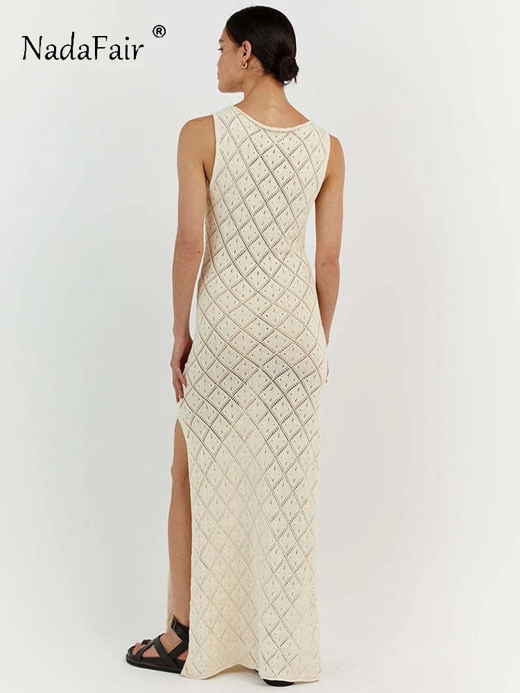 Nadafair women hollow out crochet knitted dress, beach slim sleeveless, o neck, sexy summer party 2023