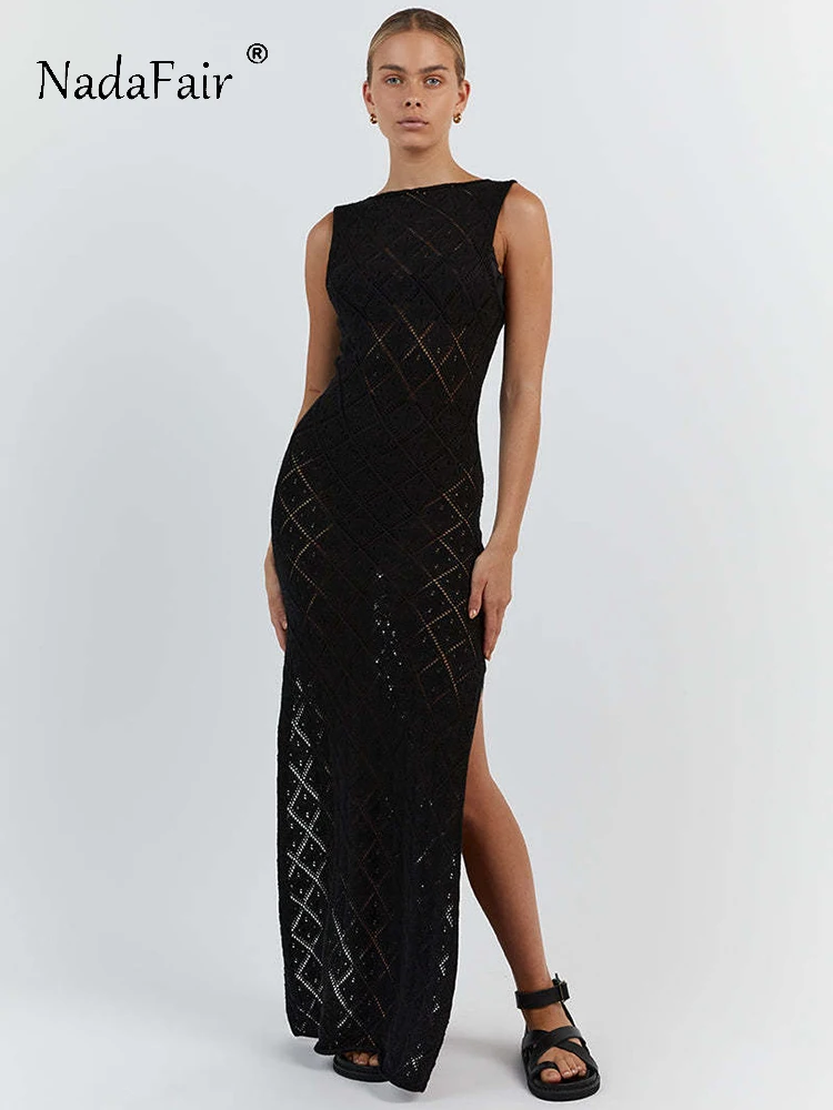 Nadafair women hollow out crochet knitted dress, beach slim sleeveless, o neck, sexy summer party 2023